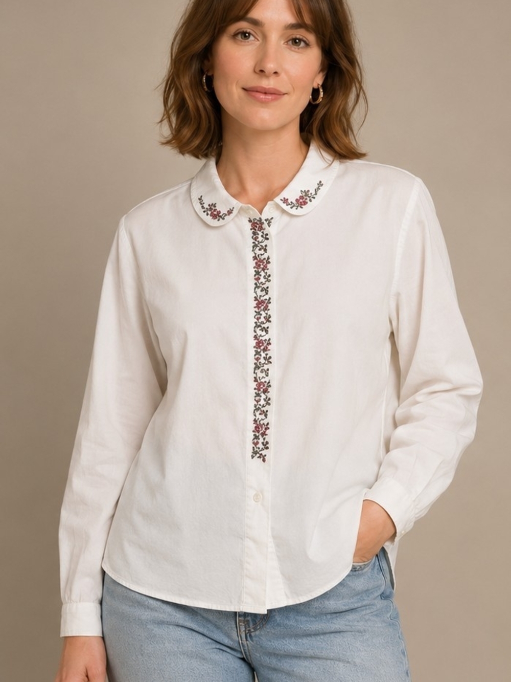 Laura Ashley White Button Front Shirt Embroidered Floral Trim Size 14